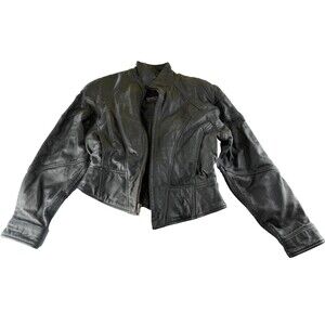 VTG WILSONS 3M THINSULATE Lined Women Small Glossy Black Leather Zip Moto Jacket
